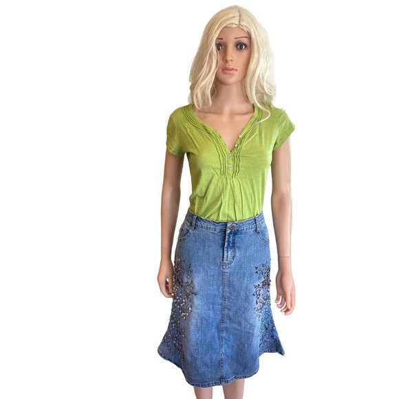 Mango Vintage Bead Applique Jean Skirt 33x25 5 pockets Cotton Stretch Medium - Picture 11 of 17